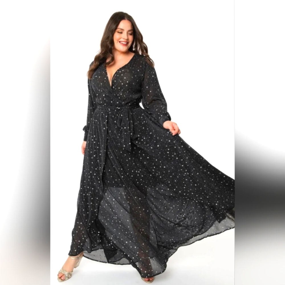 Plus Size Black Star-Print Maxi Wrap Dress